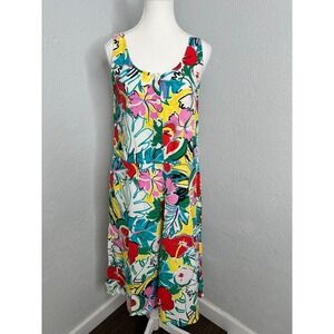 Vintage‎ 90s Floral Midi Dress Sleeveless Colorful Tropical Print Casual Dress